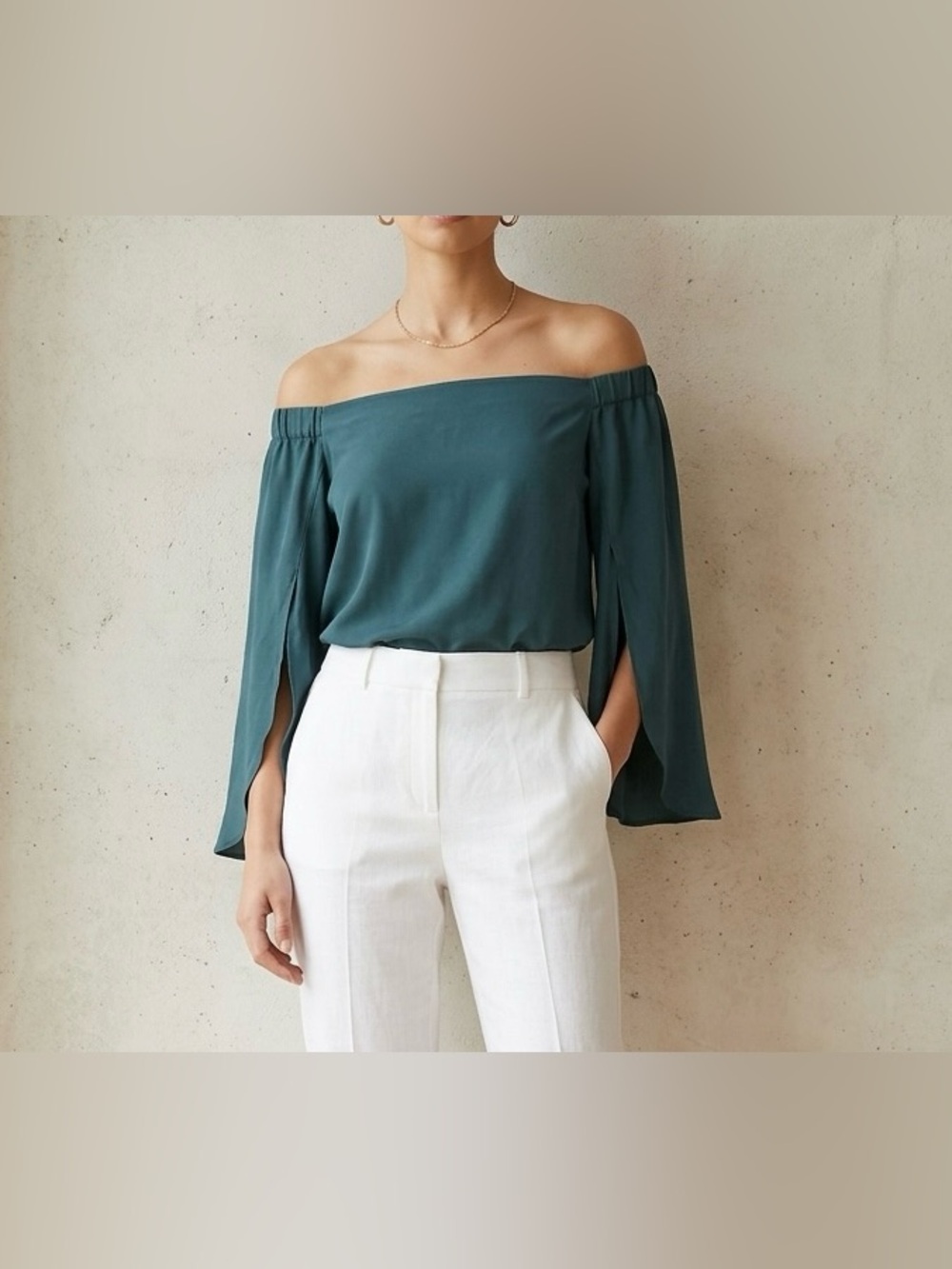 Bailey 44 Silk Off The Shoulder Blouse Size M Teal Green Split Bell Sleeve Boho